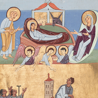 Türchen 12: Ochs und Esel bei der Geburt Christi im Bamberger Evangelistar, fol. 63v Quaternio Adventskalender – Türchen 12