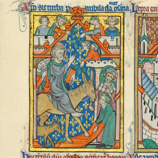 Türchen 16: Christus reitet auf einer Eselin mit Fohlen am Palmsonntag in Jerusalem ein, Peterborough-Psalter, fol. 33r Quaternio Adventskalender – Türchen 16