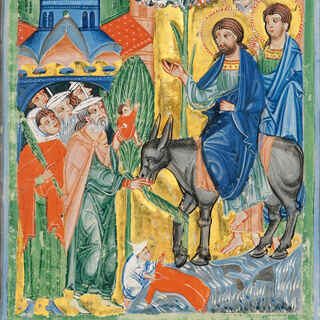 Türchen 17: Ankunft Christi auf einem Esel am Palmsonntag in Jerusalem, Breslauer Psalter, fol. 50r Quaternio Adventskalender – Türchen 17