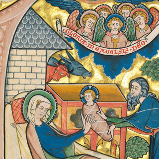 Türchen 19: Ochs und Esel in der Weihnachtsinitiale des Codex Gisle, p. 25 Quaternio Adventskalender – Türchen 19