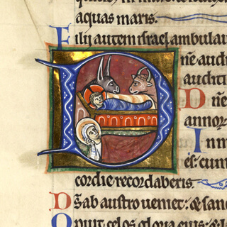 Türchen 20: Zierinitiale D mit der Geburt Christi samt Ochs und Esel im Binnenfeld, Goldener Münchner Psalter, fol. 152v Quaternio Adventskalender – Türchen 20