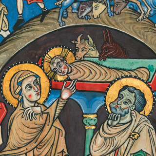 Türchen 21: Ochs und Esel in der Weihnachtsminiatur des Speyerer Evangelistars, fol. 5v Quaternio Adventskalender – Türchen 21