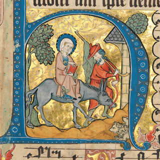 Türchen 22: Josef führt die hochschwangere Maria auf einem Esel nach Bethlehem, Codex Gisle, p. 17 Quaternio Adventskalender – Türchen 22
