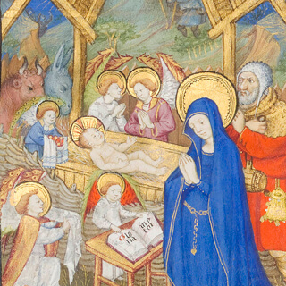 Türchen 23: Ochs und Esel am Kopfende der Krippe mit dem Jesuskind, Stundenbuch der Margarete von Orléans, fol. 75r Quaternio Adventskalender – Türchen 23