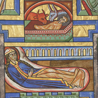 Türchen 24: Ochs und Esel beäugen das neugeborene Jesuskind in der Krippe, Stammheimer Missale, fol. 92r Quaternio Adventskalender – Türchen 24