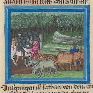 Türchen 10: Die Sabäer erschlagen Hiobs Knechte und treiben seine Rinder und Eselinnen weg, Münchener Furtmeyr-Bibel, fol. 148r Quaternio Adventskalender – Türchen 10