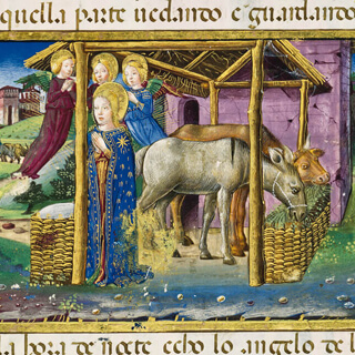 Türchen 3: Maria vor der Geburt Christi mit Ochs und Esel im Stall von Bethlehem, Darstellung im Legendarium der Sforza, fol. 38v Quaternio Adventskalender – Türchen 3