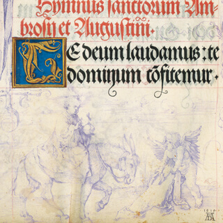 Türchen 5: Das Jesuskind auf einem Esel, Dürer-Zeichnung im Gebetbuch Kaiser Maximilians I., fol. k3v Quaternio Adventskalender – Türchen 5