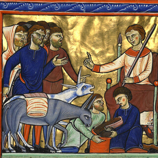 Türchen 9: Josefs Brüder kommen wegen der Hungersnot nach Ägypten, um mit ihren Eseln Getreide zu holen, Goldener Münchner Psalter, fol. 15v Quaternio Adventskalender – Türchen 9