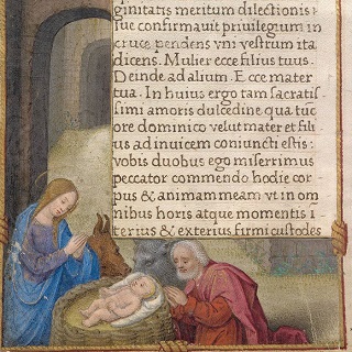 Türchen 8: Zotteliger Eselskopf hinter der Krippe im Gebetbuch der Claude de France, fol. 19v Quaternio Adventskalender – Türchen 8