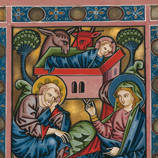Türchen 7: Ochs und Esel hinter der gebauten Krippe, Rheinauer Psalter, fol. 8v Quaternio Adventskalender – Türchen 7