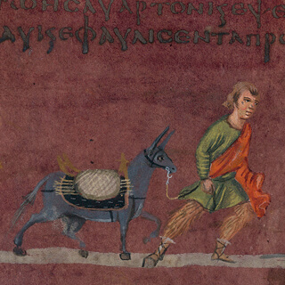 Türchen 2: Esau führt einen Esel mit Jagdnetz auf dem Sattel am Zügel, Wiener Genesis, p. 15 Quaternio Adventskalender – Türchen 2